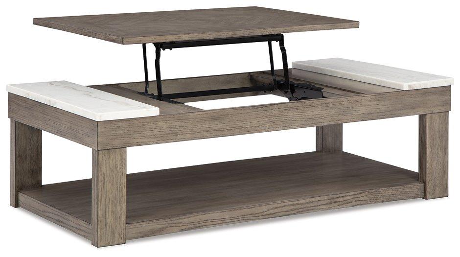 Loyaska lift-top cocktail coffee table by Ashley Furniture with a raised top and storage space in a modern living room setting.