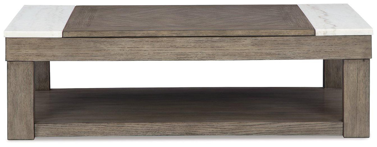 Ashley Furniture Loyaska Lift-Top Coffee Table with adjustable height and storage, featuring a modern design and wood finish.