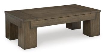 Rosswain Lift-Top Coffee Table by Ashley Furniture showing the modern cocktail table with a raised lift-top surface.