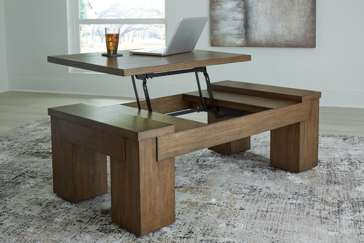 Lift-top cocktail coffee table by Ashley Furniture featuring a modern design with a functional lift mechanism.