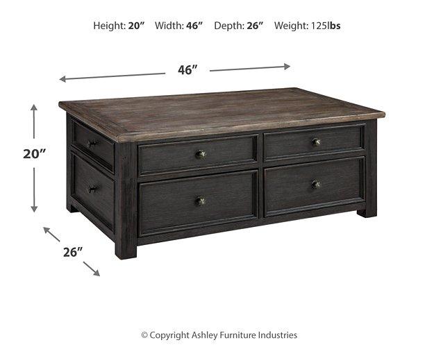 Ashley Furniture Tyler Creek coffee table with lift top, featuring a modern cocktail table design with a wood finish and functional storage.