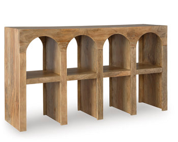 Ashley Furniture Luzmanacy console sofa table with a sleek design, shown from an angled side view.