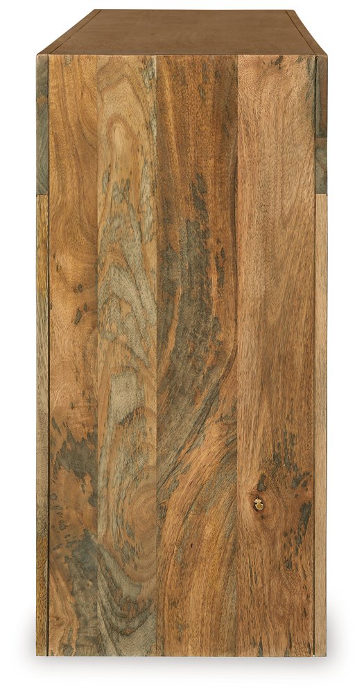 Ashley Furniture Luzmanacy Console Sofa Table with sleek wooden surface and modern design, shown from a side view.
