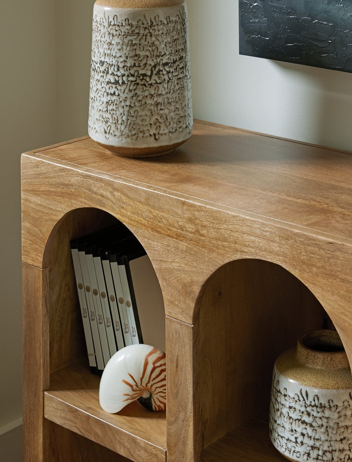 Ashley Furniture Luzmanacy console sofa table with a sleek wooden top and metal frame, ideal for entryways or living rooms.