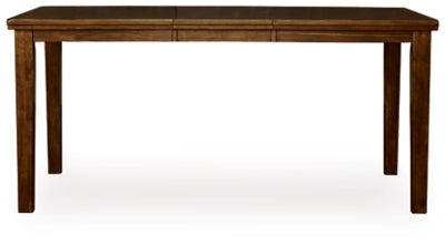 Ashley Furniture Ralene counter height dining extension table with a sleek wooden surface and sturdy legs, shown from the head-on angle.