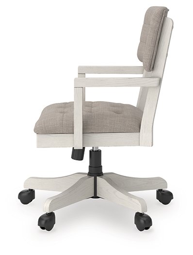 Ashley Furniture Robbinsdale home office desk chair with cushioned seat and backrest, black fabric, and adjustable armrests.