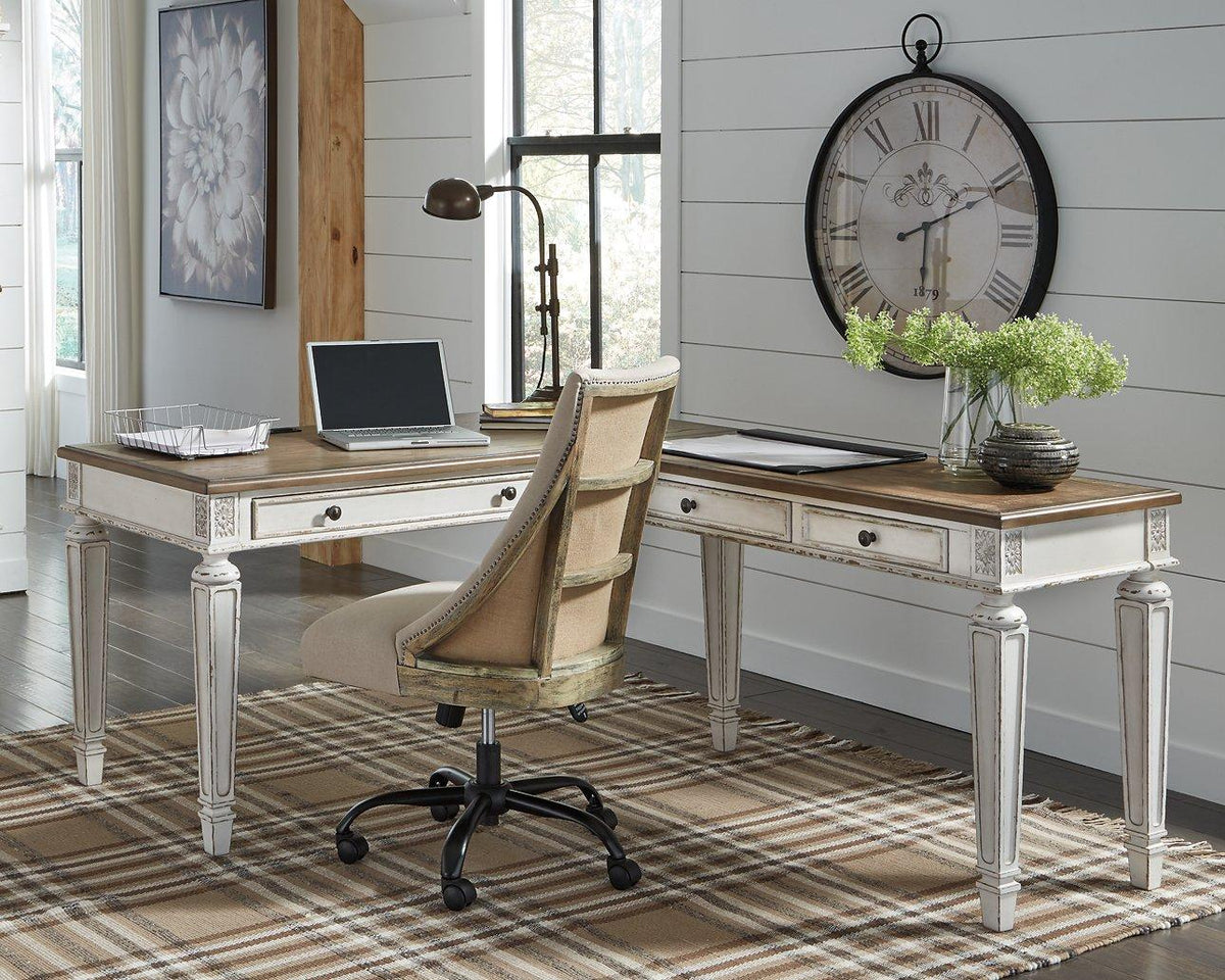 Ashley Furniture Realyn 2-piece home office desk set with spacious tabletop and clean design, ideal for workspace organization.