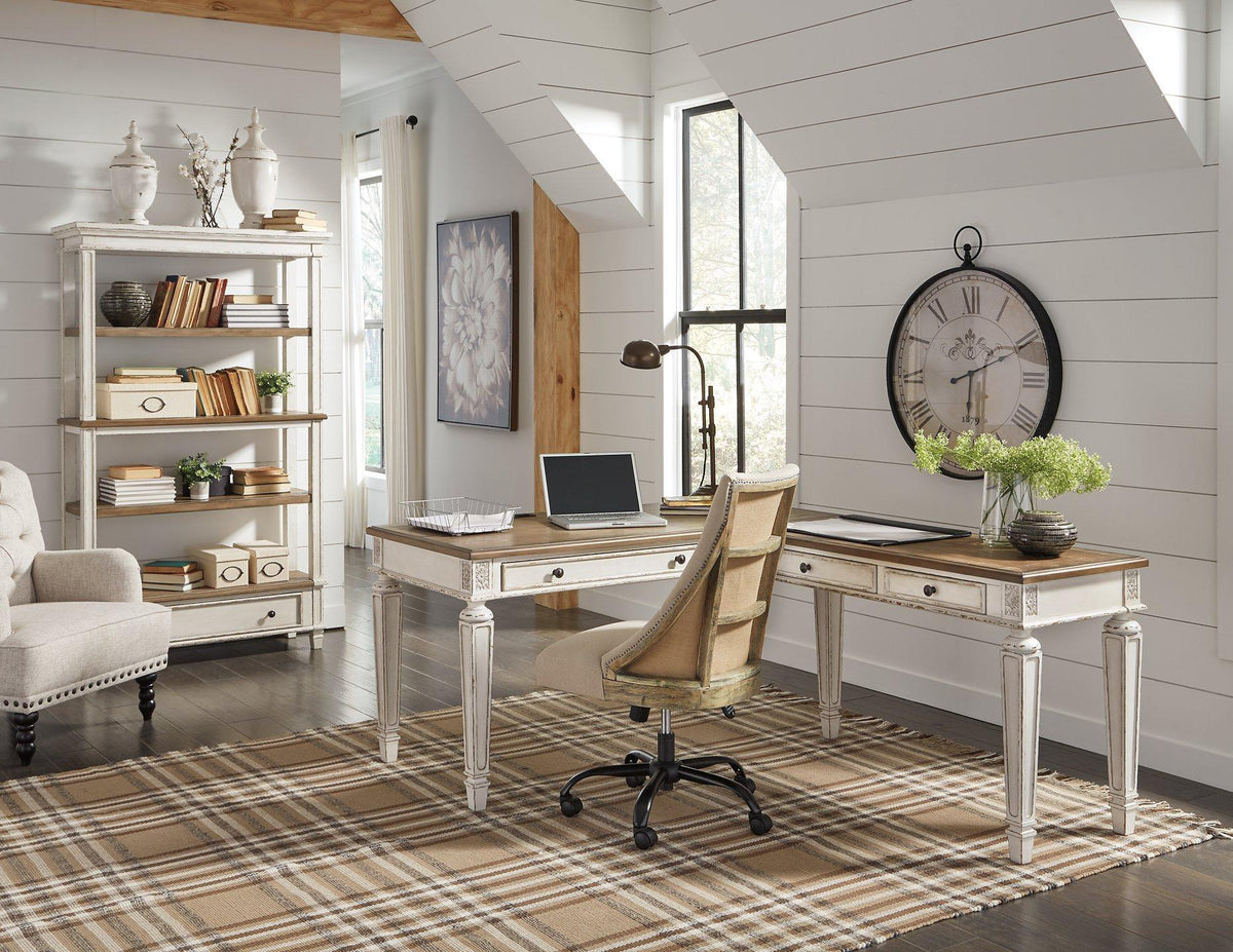 Ashley Furniture Realyn 2-piece home office desk set with a modern design and spacious workspace for productive work from home.