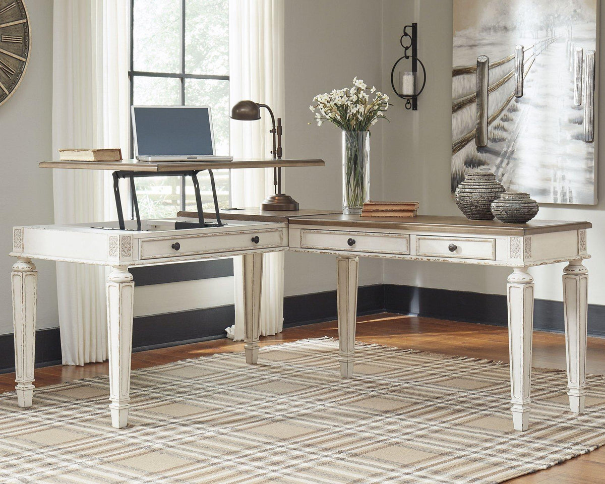 Ashley Furniture Realyn 2-piece home office lift top desk with spacious surface and modern design.