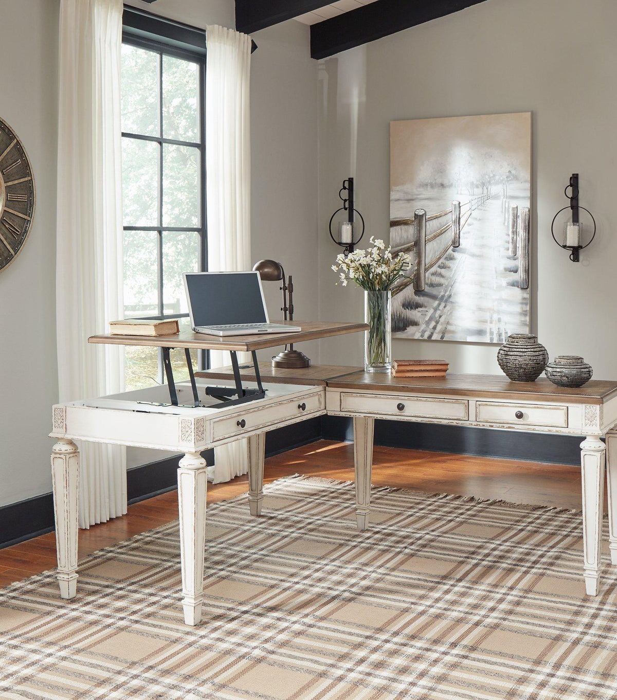 Ashley Furniture Realyn Home Office Lift Top Desk with wood finish, showing the lift-top mechanism and spacious workspace.