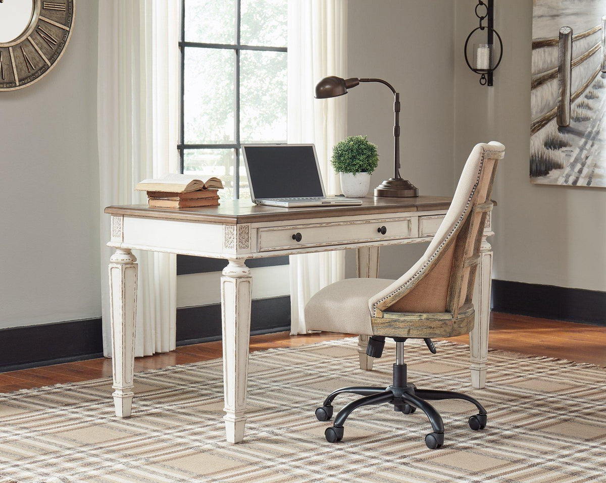 Realyn Home Office Lift Top Desk by Ashley Furniture, showing the wood desk with a lift-top surface and storage compartments.