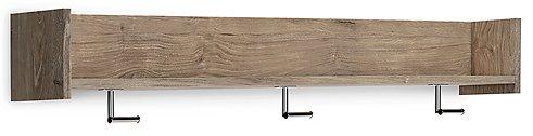 Wall-mounted coat rack with shelf from EA Furniture by Ashley Furniture, featuring hooks and a sturdy wooden shelf.