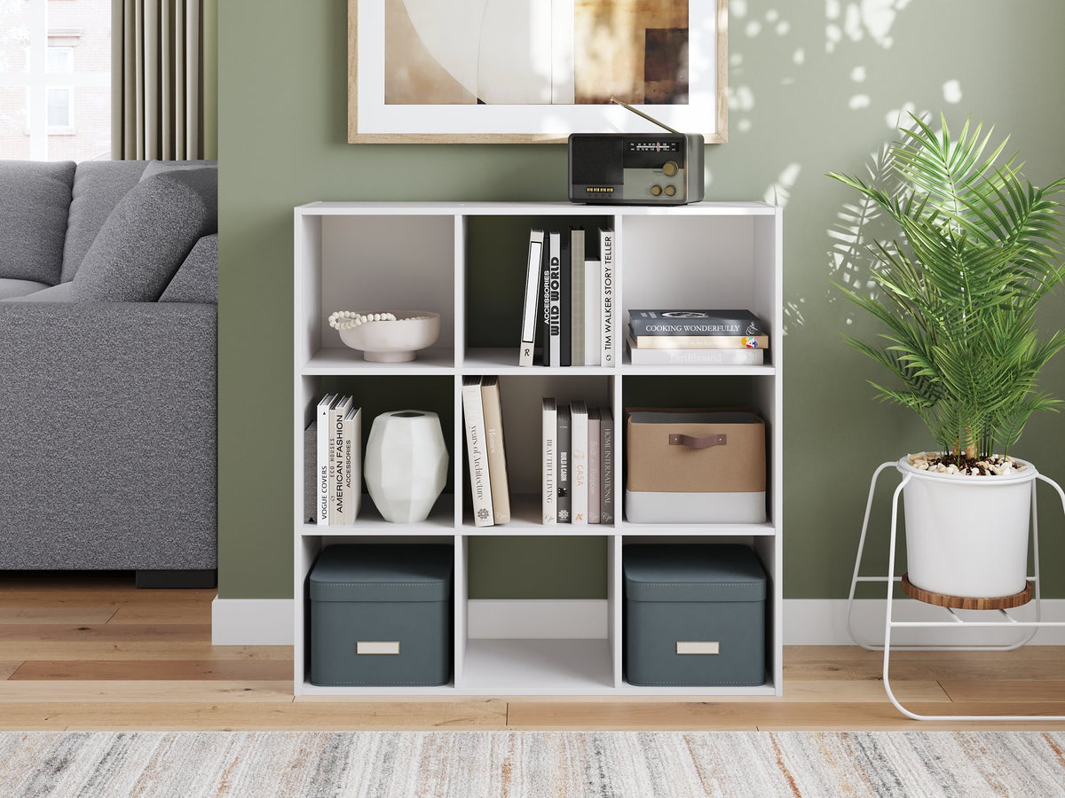Onita Nine Cube Organizer by Ashley Furniture, black storage cube with open front and grid design for versatile organization.