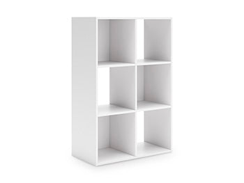 Onita Six Cube Organizer by Ashley Furniture, black storage unit with six open cubes, angled view showing versatile shelving.