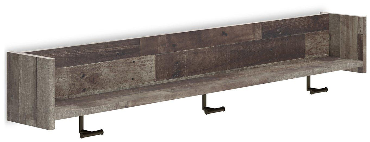 Ashley Furniture Neilsville wall-mounted coat rack with shelf, featuring hooks and storage space for organized entryway decor.