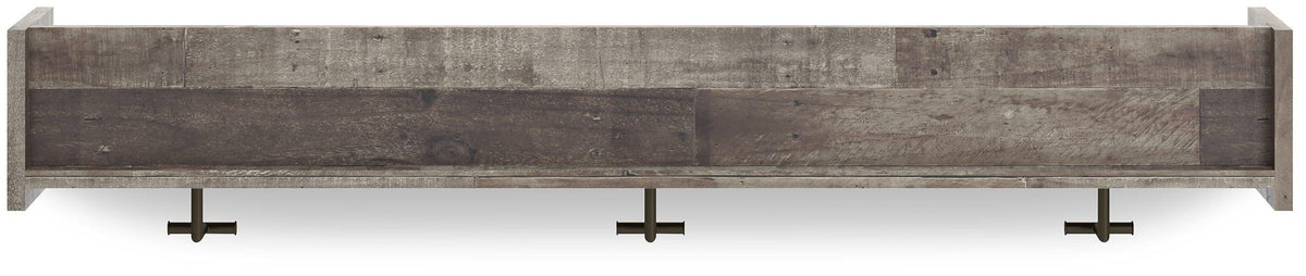 Wall-mounted Ashley Furniture Neilsville coat rack with shelf, featuring hooks and storage space for entryway organization.