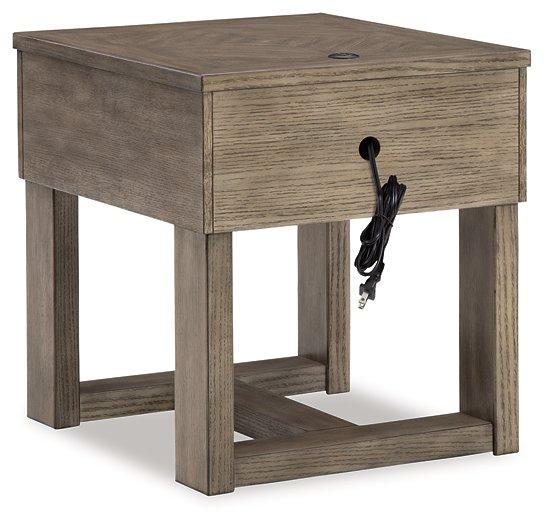 Ashley Furniture Loyaska End Table with wooden surface and sleek design, perfect for living room decor.