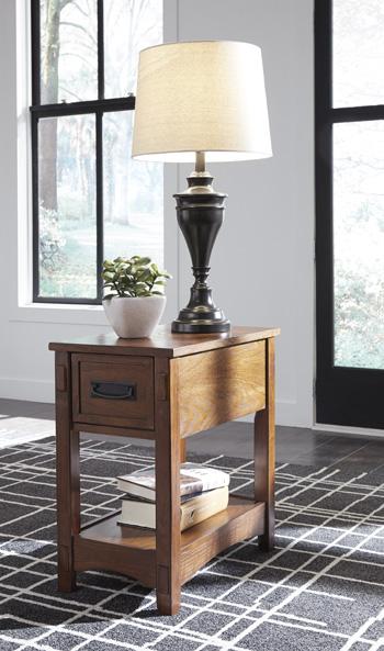 Ashley Furniture Breegin chairside end table with a dark wood finish, featuring a compact design and a lower storage shelf.
