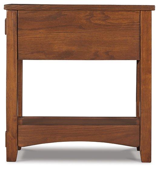 Ashley Furniture Breegin chairside end table with a wooden top and storage shelf, perfect for living room or sitting area.