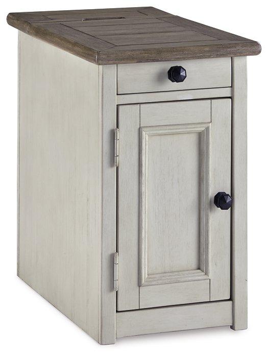 Ashley Furniture Bolanburg chairside end table with USB ports and electrical outlets, featuring a wood finish and compact design.