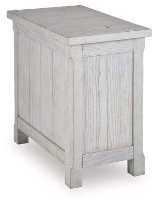 Ashley Furniture Robbinsdale chairside end table with a wooden top and storage shelf, designed for convenient living room use.