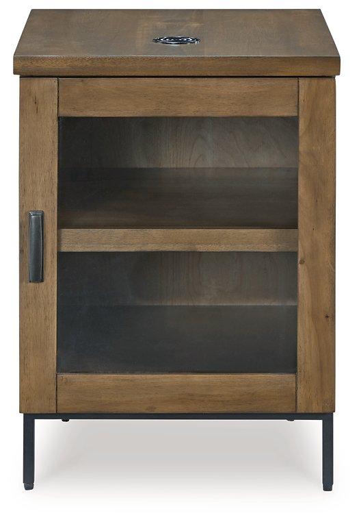 Ashley Furniture Torlanta chairside end table with a wooden top and sleek black metal legs, designed for convenient beside seating.