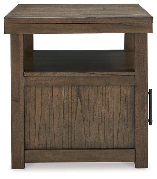 Ashley Furniture Boardernest end table featuring a dark wood finish with a single drawer and open shelf for stylish storage.