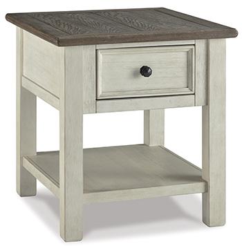 Ashley Furniture Bolanburg end table with wooden top and black metal legs, modern design for living room or bedroom.