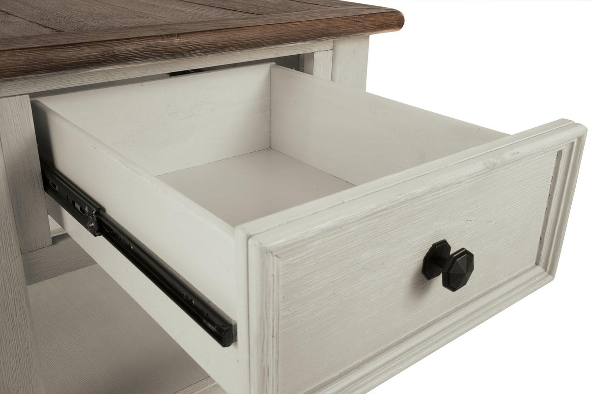 Ashley Furniture Bolanburg end table with a wooden top and metal legs, modern design suited for living room or bedside use.
