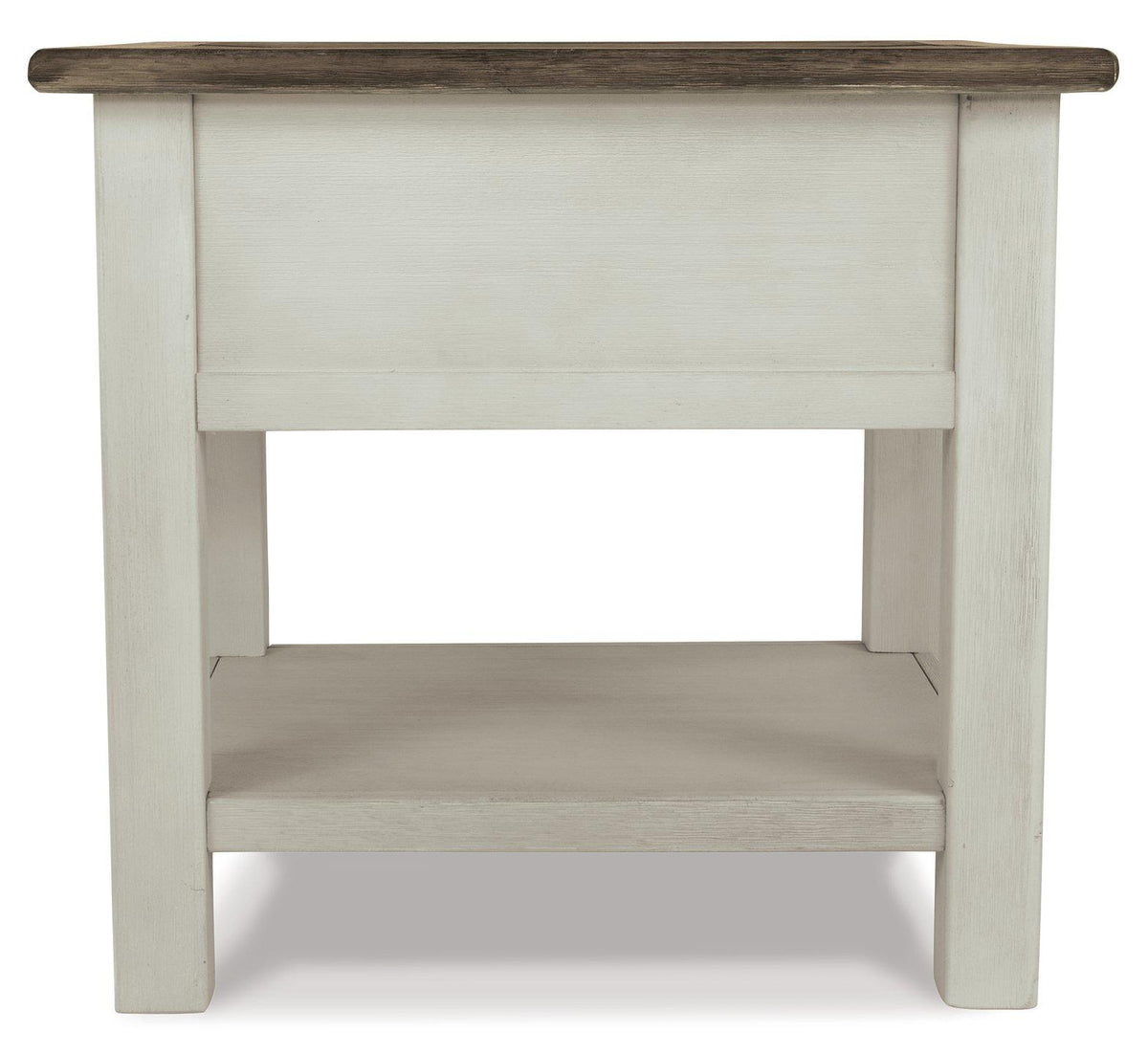 Ashley Furniture Bolanburg end table with wood finish, featuring a sleek tabletop and storage shelf for living room decor.