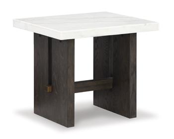 Ashley Furniture Burkhaus End Table with wood finish and modern design, featuring a smooth surface and sturdy legs.