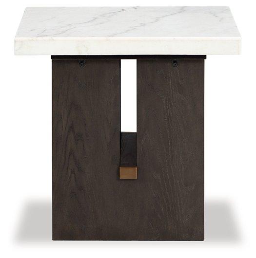 Ashley Furniture Burkhaus End Table with wood finish and modern design, featuring a sleek surface and sturdy legs.