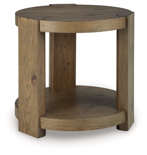 Ashley Furniture Flangren end table with a round wooden top and angled metal legs, modern accent piece for living room decor.