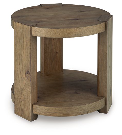 Ashley Furniture Flangren End Table with angled wooden top and sleek metal legs, modern design for living room decor.