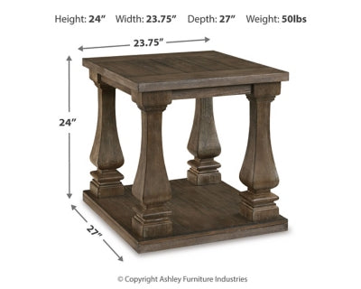 Ashley Furniture Johnelle end table with a dark wood finish and sleek design, featuring a sturdy top surface and storage drawer.