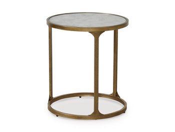 Ashley Furniture Korajane end table with a stylish wooden finish and angled design, shown from a side angle.