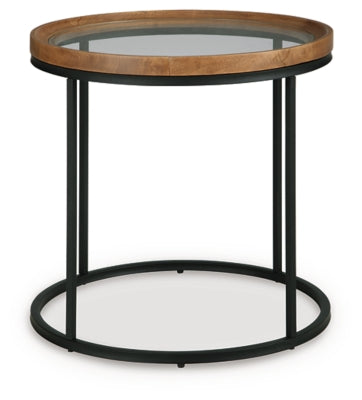 Ashley Furniture Noraluna end table with a sleek wooden surface and modern design, shown in a front head-on view.