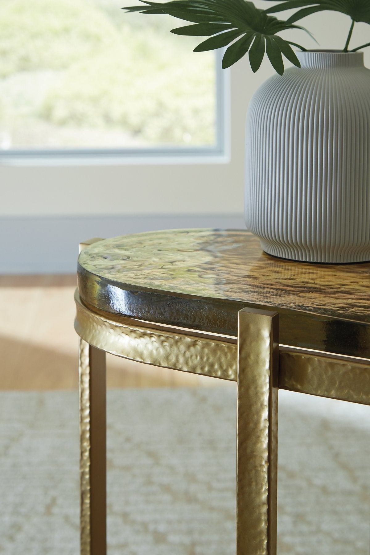 Ashley Furniture Porterville accent end table with a wooden top and metal legs, showcasing a modern, stylish design.