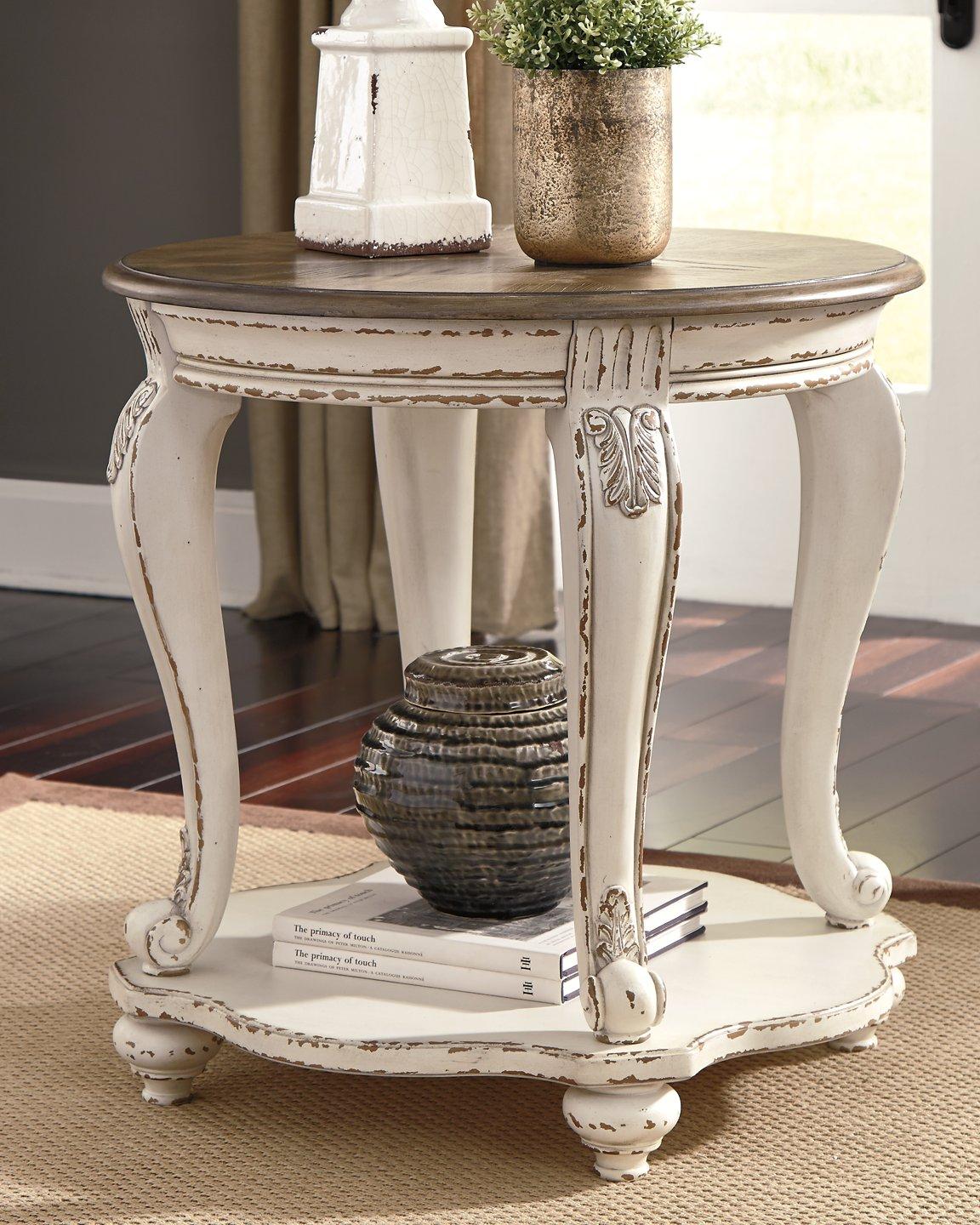 Ashley Furniture Realyn End Table with wood finish and modern design, featuring a spacious top and sleek legs.
