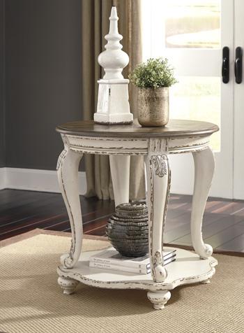 Ashley Furniture Realyn end table with a wooden top and tapered legs, perfect for living room or bedroom decor.