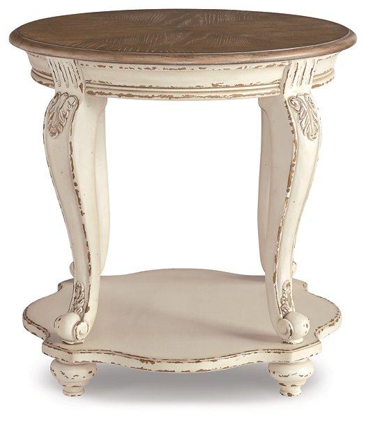 Ashley Furniture Realyn End Table with wood finish and simple design, perfect for living room decor.