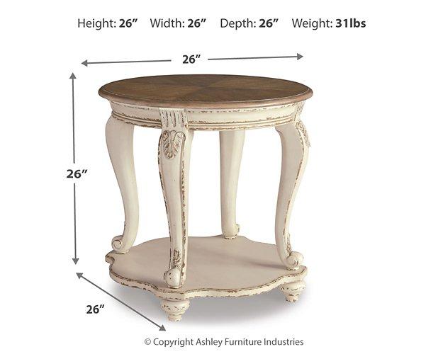 Ashley Furniture Realyn End Table with wood finish and modern design, featuring a spacious surface and sleek legs.