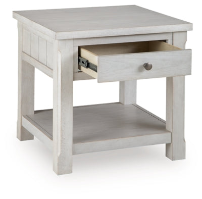 Ashley Furniture Robbinsdale end table with open shelf design, featuring a contemporary wood finish and angled open frame.