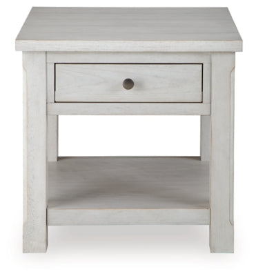 Ashley Furniture Robbinsdale End Table with a dark wood finish and sleek design, shown in a head-on view.
