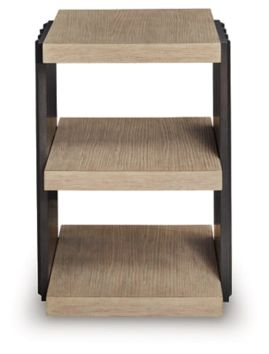 Ashley Furniture Rylandyn end table with a sleek wood finish and modern design, shown from a front head-on view.