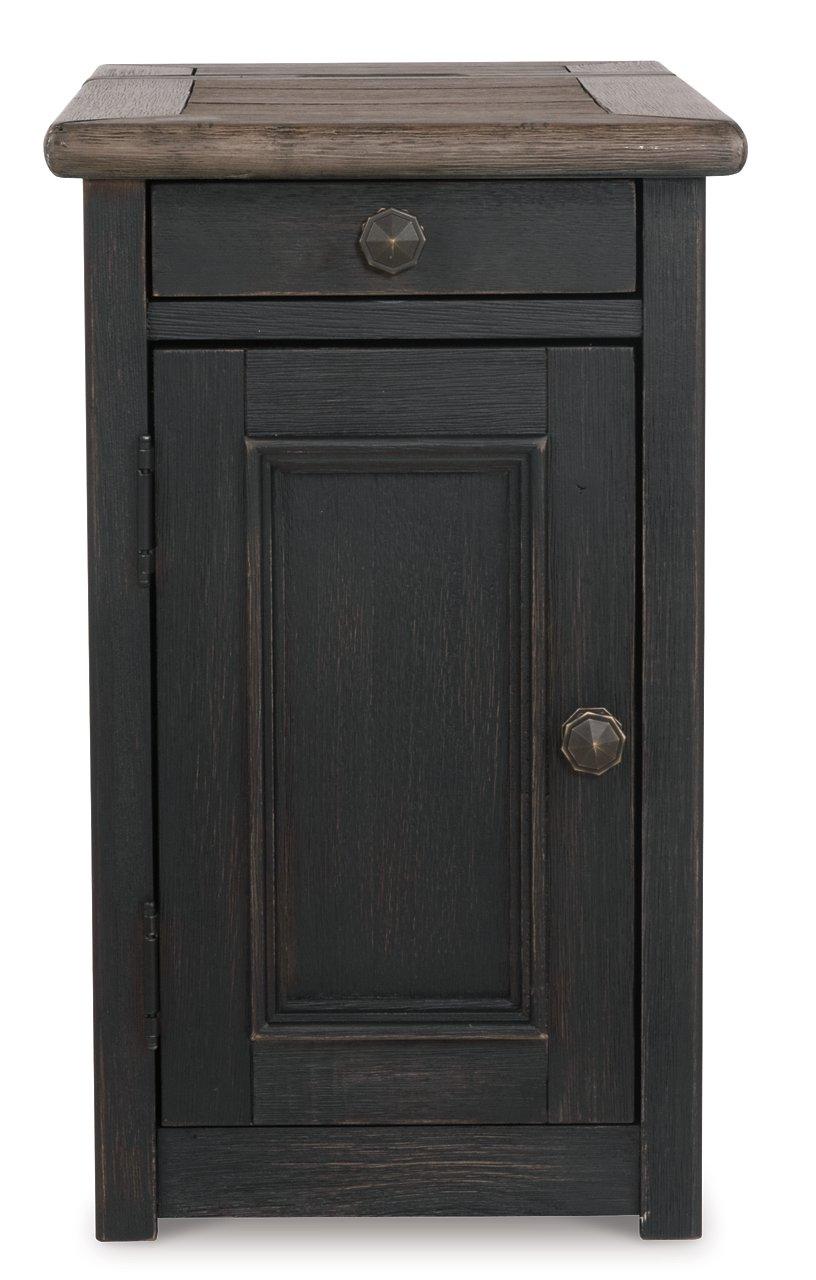 Ashley Furniture Tyler Creek end table with USB ports, outlets, and wood finish, featuring a compact design and modern style.