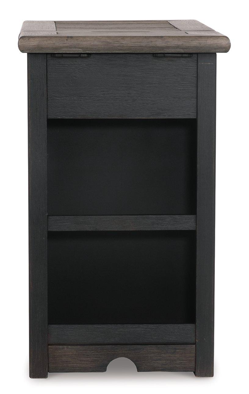 Ashley Furniture Tyler Creek end table with USB ports and outlets, featuring a wood finish and compact design for living room use.