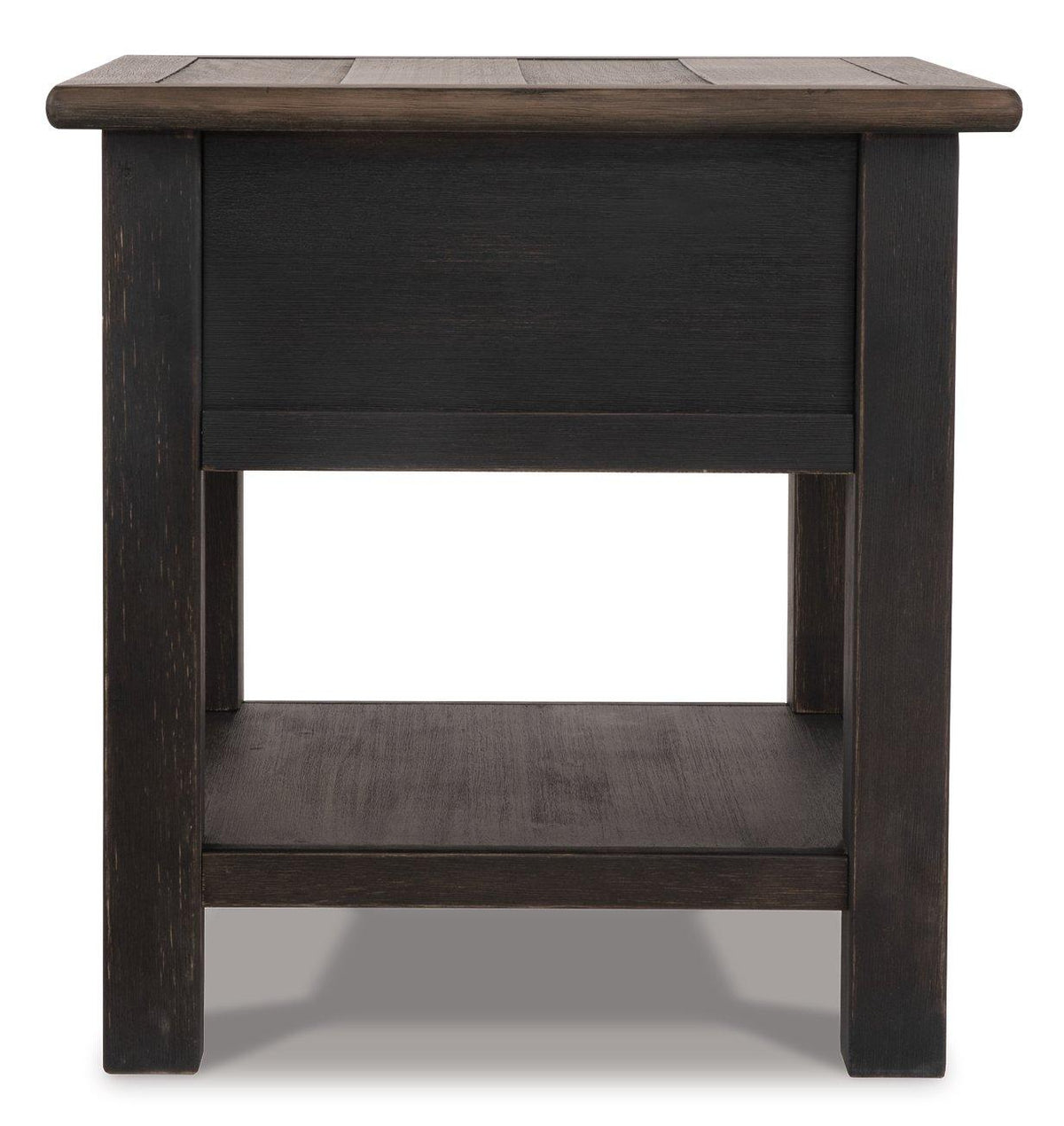 Ashley Furniture Tyler Creek End Table showing a wooden surface with a lower shelf, stylish and functional living room accent piece.