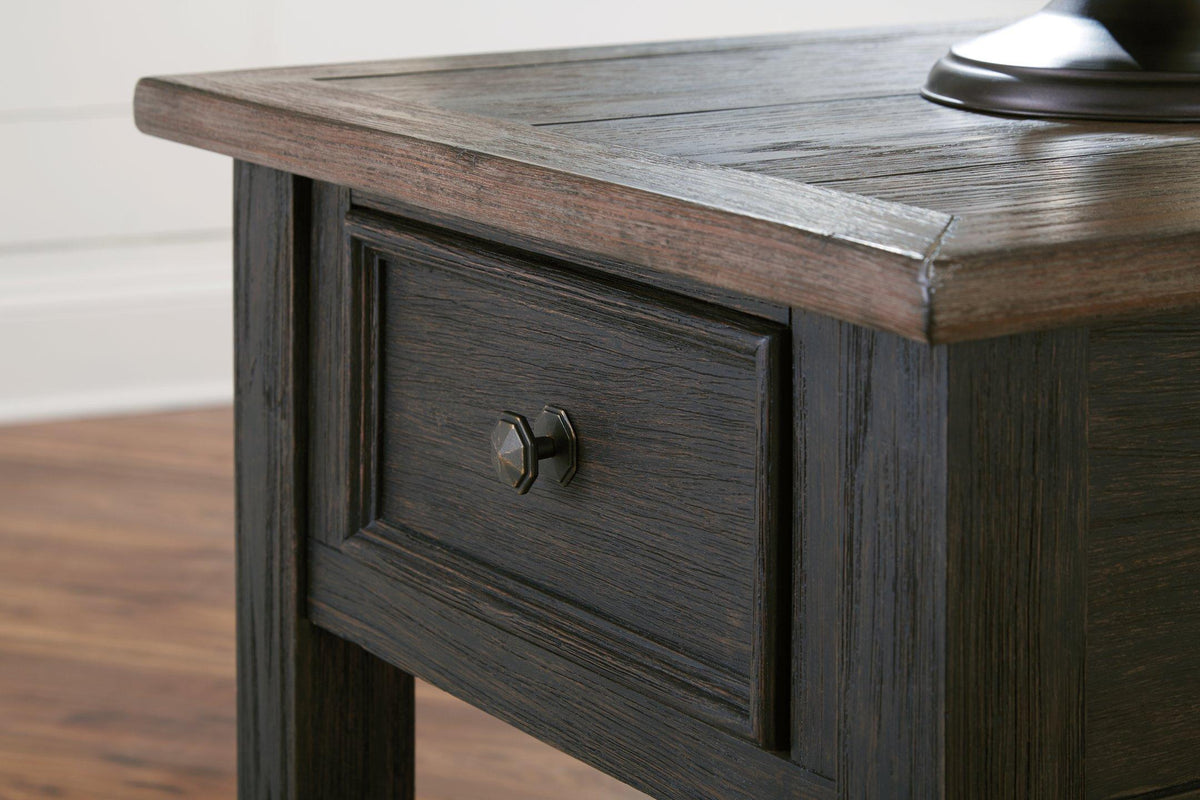 Ashley Furniture Tyler Creek End Table with wooden top and tapered legs, perfect for living room side placement.