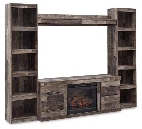 Ashley Derekson 4-piece entertainment center with electric fireplace, wood finish, and storage cabinets, designed for living room setup.